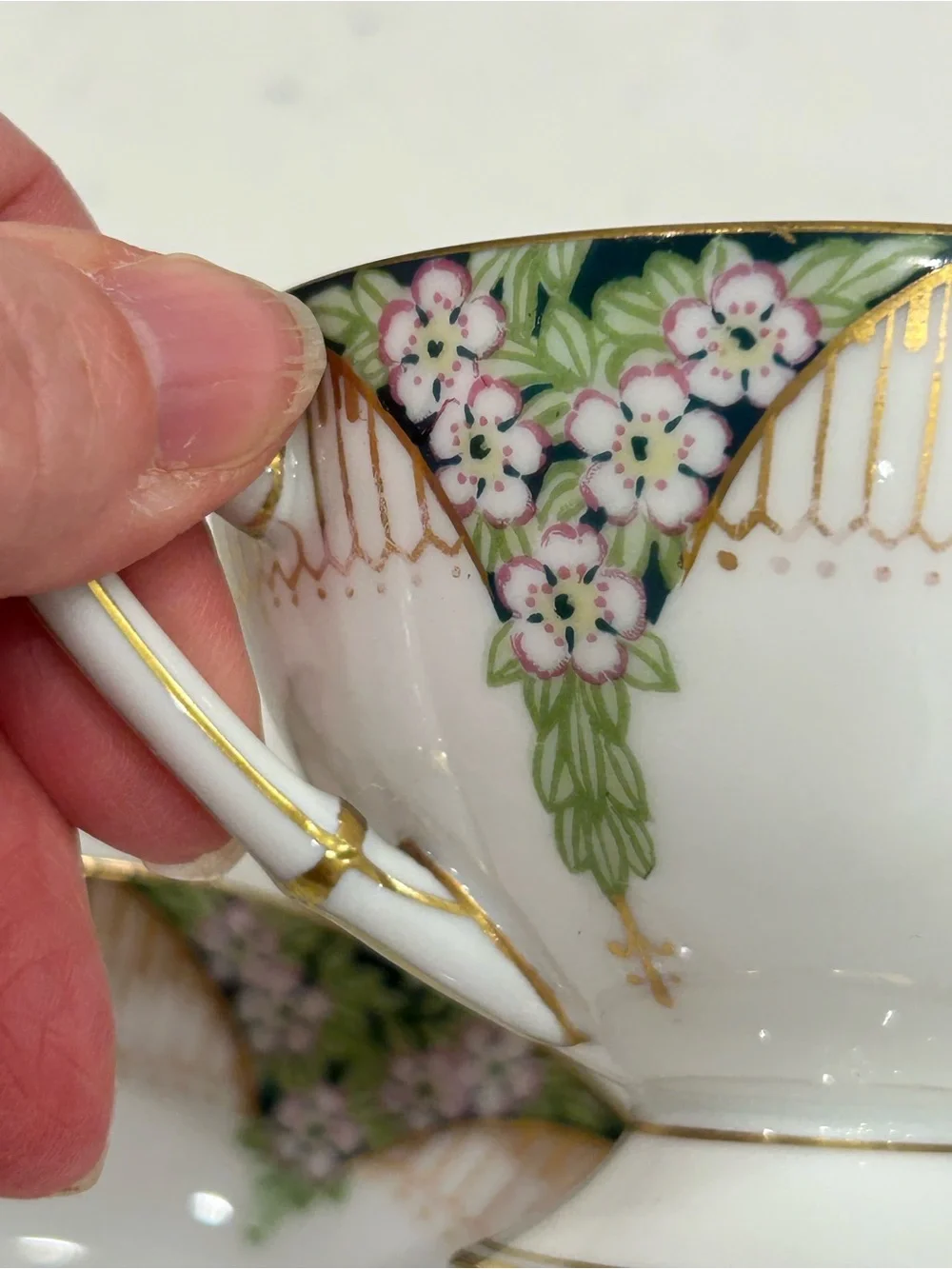 Titanic Pattern-Vintage Floral Gold-Trim Tea Cup & Saucer - Green, Pink, White